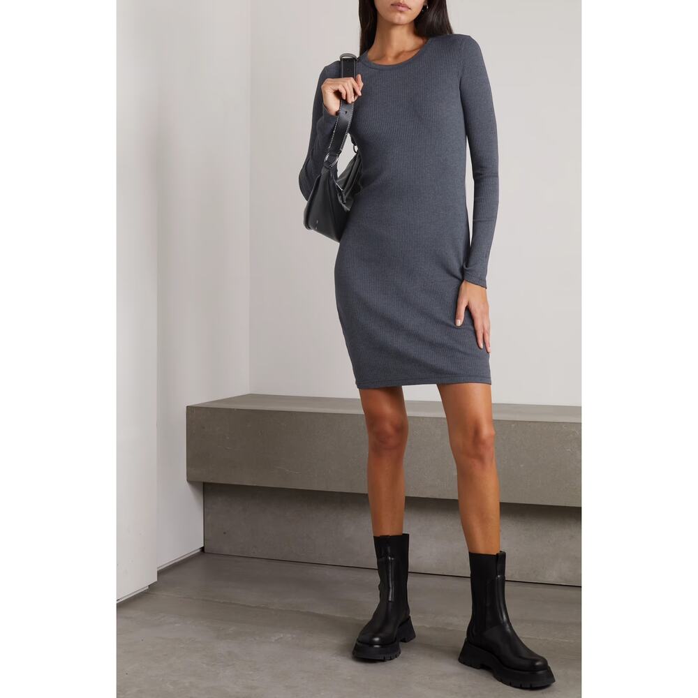 James Perse Crew Neck Split Sleeve Rib Knit Mini Dress Blue Pullover Sz 0 / XS